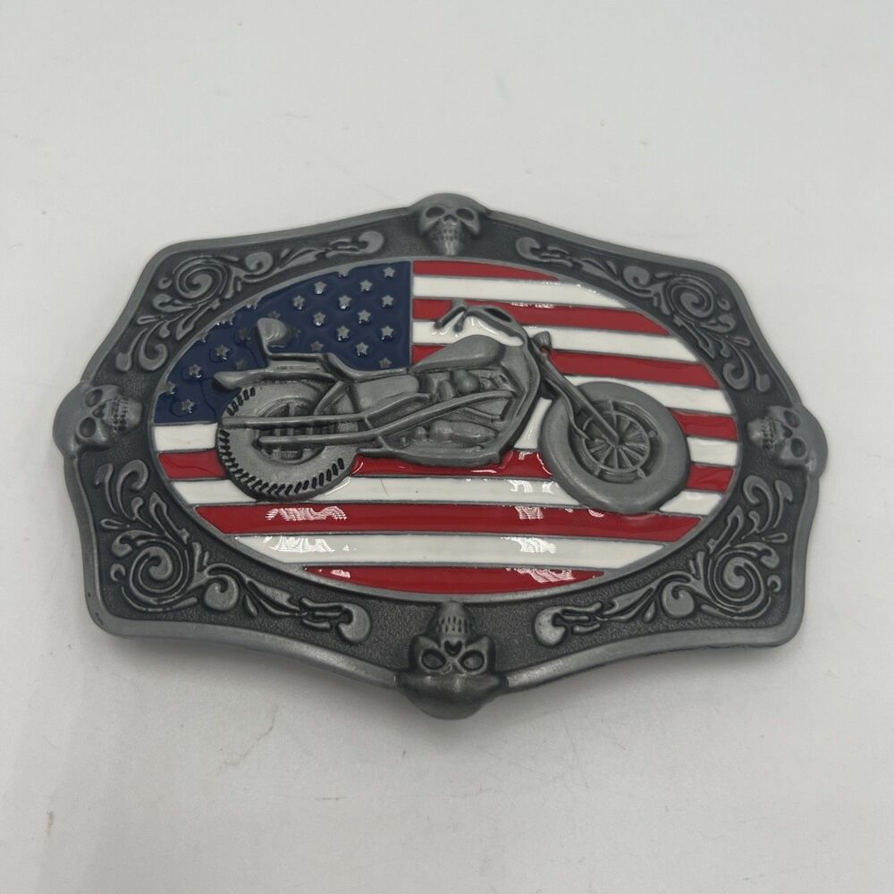 American Flag Belt Buckle Motorcycle  Skulls Stars & Stripes Antique Silver